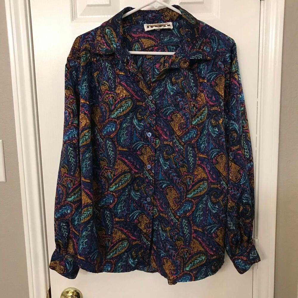 Vintage 80s Purple Multicolor Long Sleeve Button Down Blouse Top Size XL Jordan